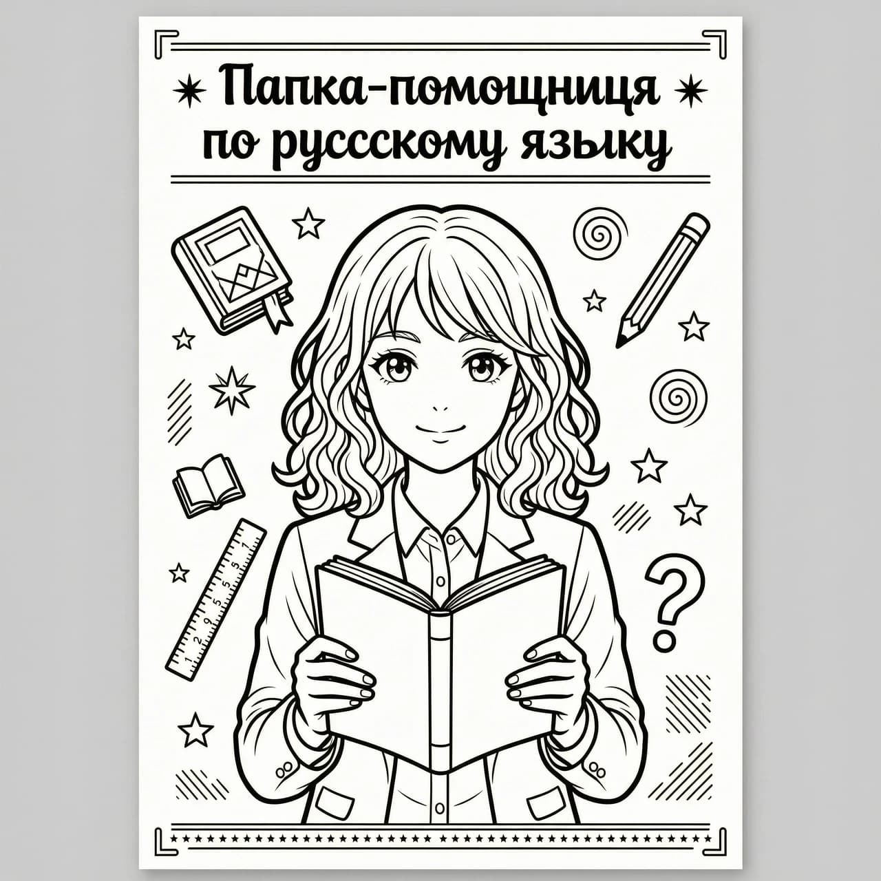 A4 folder cover, anime style, black and white line art, coloring page,
outline only, no color fill, no grayscale.
IMPORTANT: all Russian text must be written correctly, letter by letter,
without errors, distortions or invented symbols.
Title at the top, large neat hand-lettered anime font:
"Папка-помощница по русскому языку"
Center: anime teenage girl with curly hair just below shoulder length,
wearing a simple modern school outfit, holding a notebook with both
hands, gentle confident smile, big anime eyes, half-body front view.
Around her: doodle school icons — book, pencil, ruler,
, question mark, asterisk, thin swirls and geometric lines.
Style: anime coloring book for 8th grade, crisp black lines, white
background, balanced symmetrical composition, A4 portrait orientation,
high detail, print quality, elegant and modern, not childish.