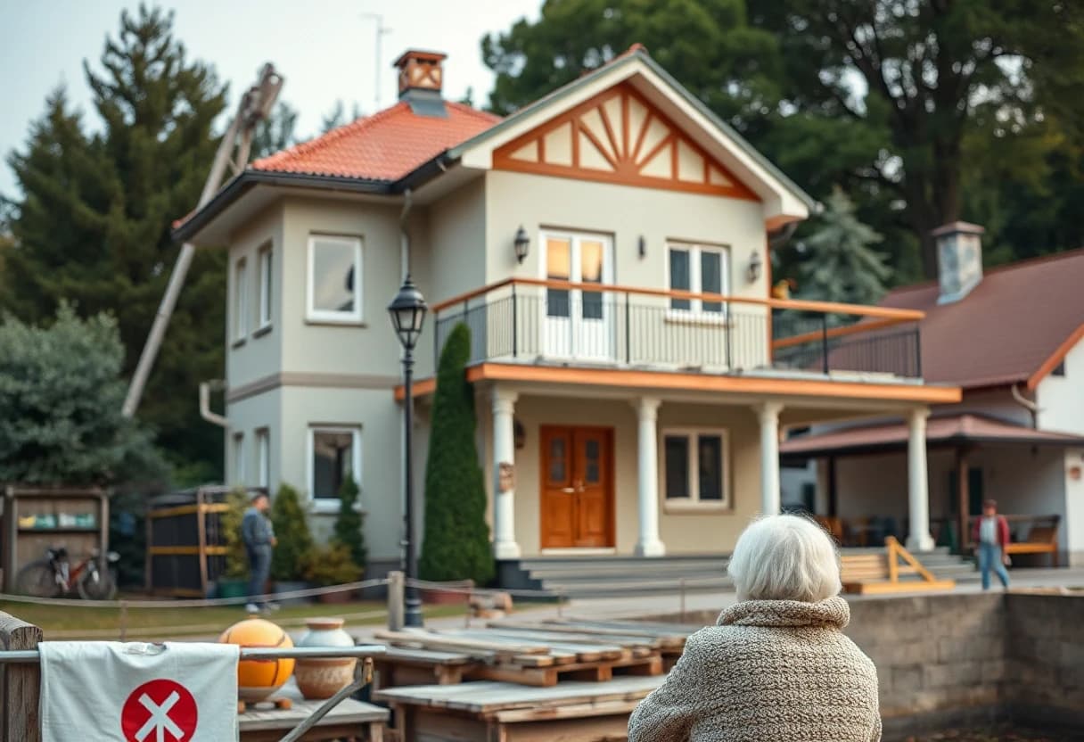 Реалистичное фото. В центре женщина с короткими светлыми волосами в темно-зеленом пуховике, смотрит в камеру. За ней находится недостроенный двухэтажный загородный дом со светлой обшивкой, темной крышей и двумя окнами на втором этаже. На первом этаже деревянное крыльцо без перил. Вокруг дома газон. Фотореализм, высокое качество, детализированный экстерьер, широкоугольный объектив, глубина резкости, realistic lighting, ultra realistic.