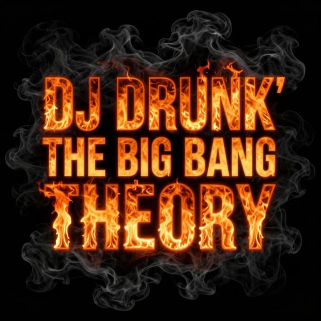 Trendy 2026 EDM album cover. Background of pure solid black void with thick, heavy, pitch-black rolling smoke and dark ash textures. Zero light except from the text. Hyper-bold wide contemporary font on three lines: line 1 "DJ DRUNK'", line 2 "THE BIG BANG", line 3 "THEORY". Font mask design with a violent burning inferno and vivid orange fire trapped strictly inside the letters. The fiery text casts a sharp orange backlight on the surrounding heavy black smoke clouds, revealing their shapes. Dark cinematic atmosphere, 8k resolution --ar 1:1 --v 6.0 --style raw