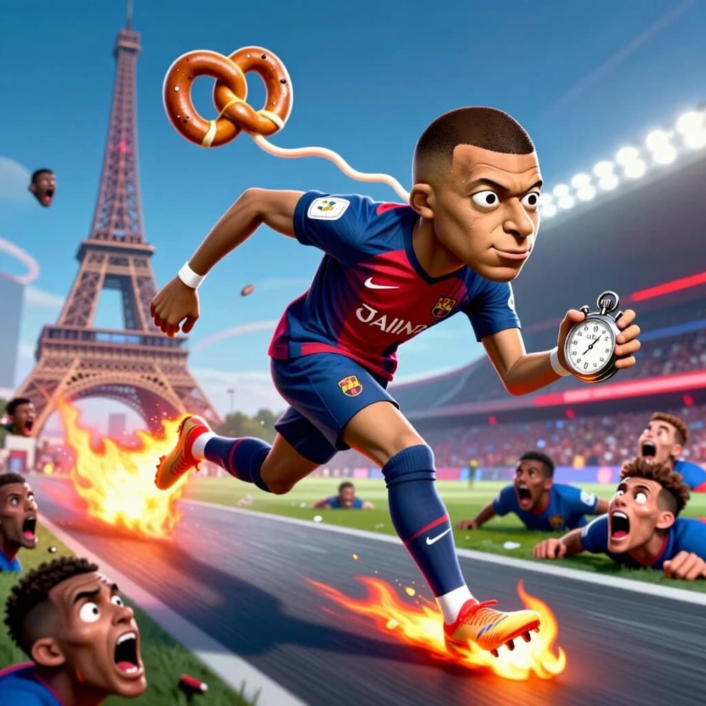 Hyper-exaggerated, grotesque caricature of Kylian Mbappé, instantly recognizable by his distinctive sprinting posture, slicked-back hair, and wide-eyed focused expression. His legs are grotesquely elongated and transformed into rocket engines, leaving a trail of fire and melting defenders in his wake. His torso is a blur of motion, while his head is comically lagging behind, tethered by a neck that stretches like taffy, still wearing his determined scowl. He holds a stopwatch that reads "0.0s" and is surrounded by the melting, screaming faces of exhausted defenders. The background is a warp-speed tunnel of blue, white, and red light, with the Eiffel Tower warped like a pretzel. Absurd, dynamic, hyper-detailed, grotesque, 2:3 vertical. No text.
