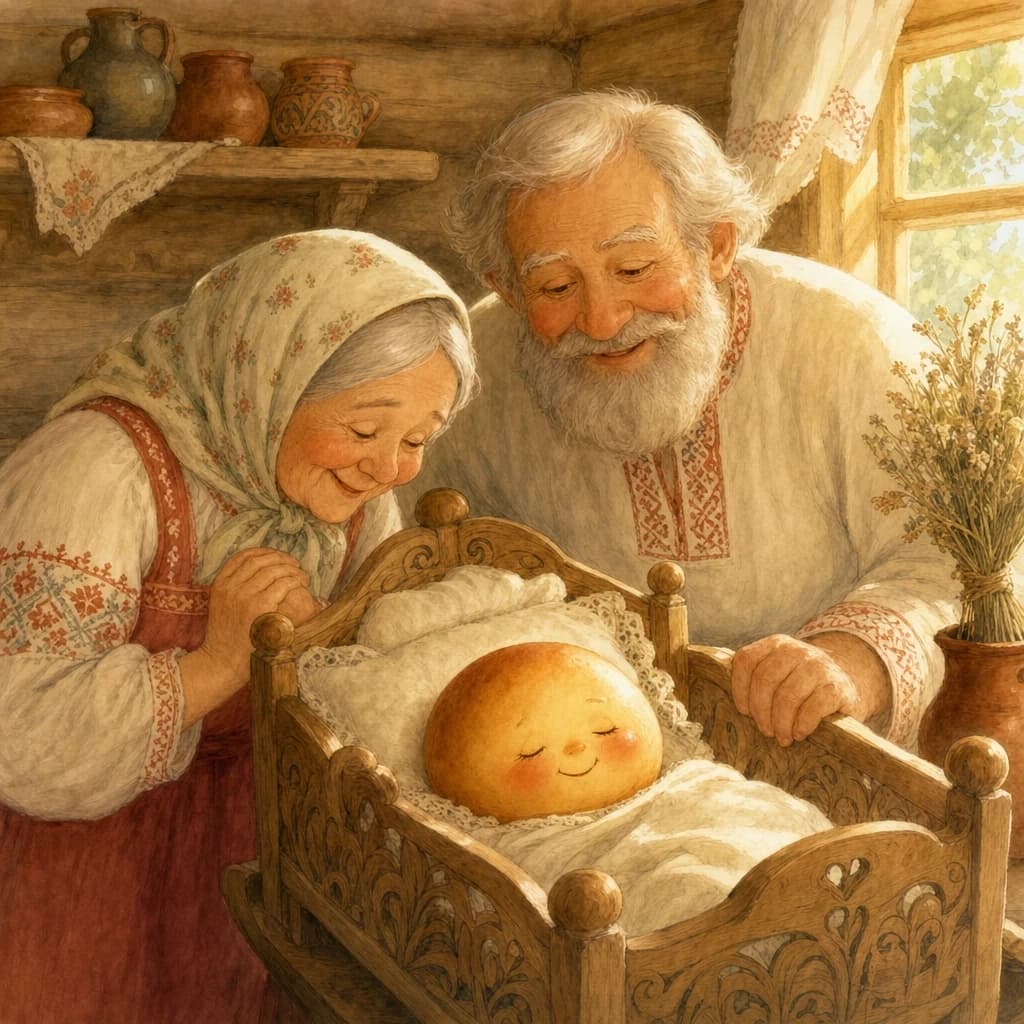 Промт для иллюстрации в детской книге: добрая славянская графика, мягкие округлые линии, тёплая пастельная палитра (кремовый, медовый, приглушённый терракотовый, нежно‑зелёный).
В центре — Колобок в роли новорождённого: идеально круглый, румяный, будто испечённый; текстура — как у пышной сдобы с тонкой золотистой корочкой; крошечные щёчки, закрытые глазки, едва заметные реснички, крошечный ротик в лёгкой улыбке. Он уютно устроился в маленькой деревянной колыбельке с резными бортиками; внутри — мягкое льняное одеяльце и крохотная подушечка.
Над колыбелькой склонились бабка и дед: лица добрые, умильные, в глазах — нежное восхищение и тихая радость. Бабка в платочке и сарафане, дед в рубахе с вышивкой; их позы мягкие, бережные — будто боятся спугнуть мгновение.
Фон — уютная деревенская горница: бревенчатые стены, на полке — глиняные горшочки, у окна — пучок сухих трав. Тёплый свет из окошка ложится мягкими бликами на Колобка и колыбельку. Лёгкая сказочная стилизация: контуры не резкие, а чуть размытые, как в акварельной иллюстрации. Акцент на трогательности и тепле — будто это самый счастливый день в их жизни.