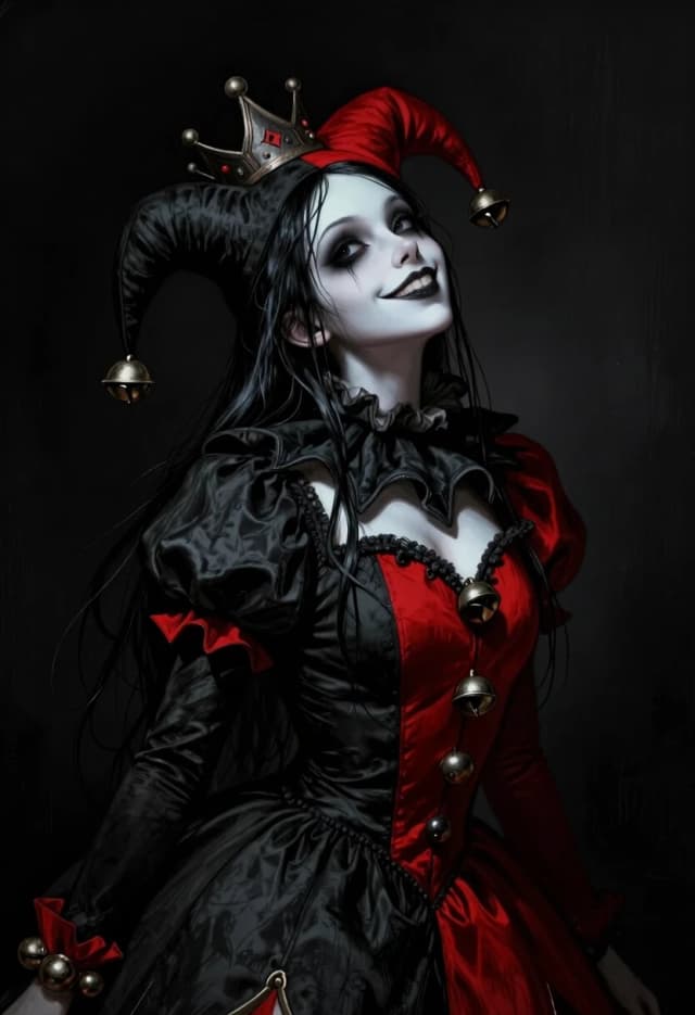 Dark gothic jester girl portrait, female harlequin with head tilted back looking upward, split black and red costume with bells, ornate crown, long wet black hair flowing back, pale porcelain skin, mischievous playful smile, ruffled collar, dramatic chiaroscuro lighting, highly detailed digital art, dark fantasy illustration, black background, artistic sketch style, mysterious expression with smirk, metallic accessories, moody atmosphere, elegant feminine features