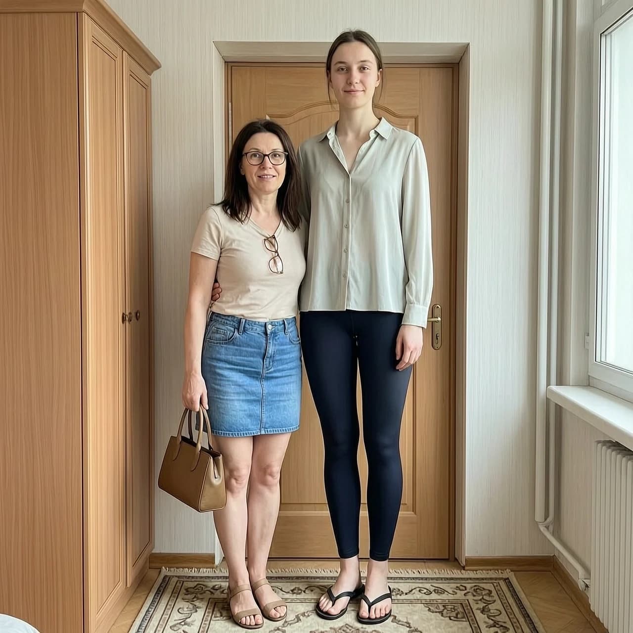 A vertical shot taken with a mobile phone camera: two friends are standing by the door in an ordinary Moscow apartment. Both of them are considered tall, and that’s the whole point — a tall woman with someone much taller.
On the left is Oksana, 32 years old, 190 cm tall: a relaxed pose, a slight smile, as if she’s capturing the moment for memory. She’s wearing a light top, a denim skirt, and open‑toed shoes; she has a handbag in her hand and glasses on her nose. Her gaze is directed at the camera, and her expression conveys a hint of surprised admiration. she is aware of the contrast and feels her growth in a new way for the first time.
On the right is Irina, 225 cm: . She's wearing a light blouse, leggings, flip-flops. Her gigantic height is immediately striking: she almost rests her head on the top edge of the frame, she is much taller than the door, and her shoulders occupy a significant part of the space.
The interior is typical for a Moscow apartment: a closet next to the door, a carpet with a discreet pattern on the floor; . Lighting — daylight from the window: ,
The main thing is to clearly show the difference in height: Irina is 35 cm taller than Oksana, and this isn’t a special effect — emphasize the difference in their heights.