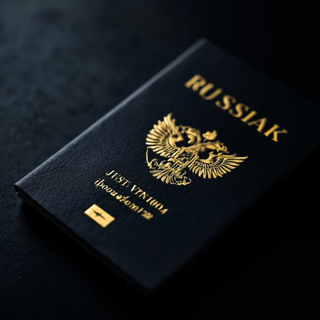 (Темный эстетический стиль, крупный план потертого российского паспорта на матово-черной поверхности. Золотая гравировка на лицевой стороне: «Просто включил VPN». Государственный герб — золотой двуглавый орел — выглядит слегка поцарапанным, но заметным. Мрачная атмосфера, детализированная текстура, боке.)