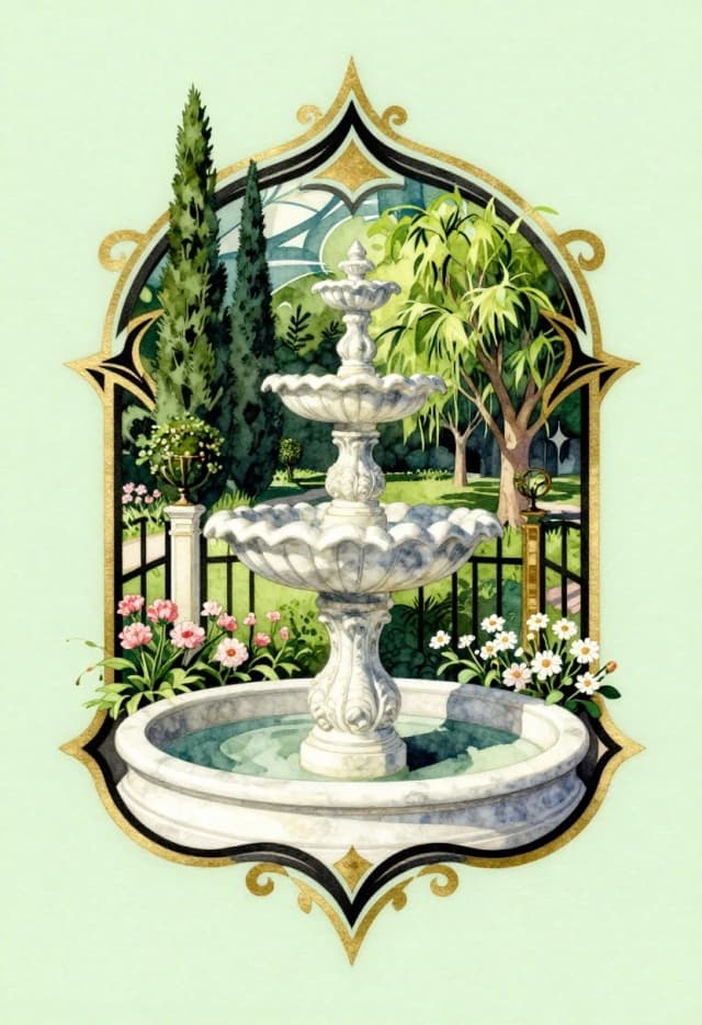 A watercolor painting is a logo or tattoo on a light green background. Art Deco and Art Nouveau with sharp asymmetry, elements of abstractionism in the background, high decorativeness and ornamental quality. Noticeable texture of the canvas. An unusual white‑marble fountain in a classic park with flower beds and Renaissance‑style topiaries. High contrast. Beautiful, with a figurine and an openwork fence. Graceful cypresses and linden trees. Summer flowers. Decorative composition. Shadows. Gold, black, and bright green lines emphasize the main elements.