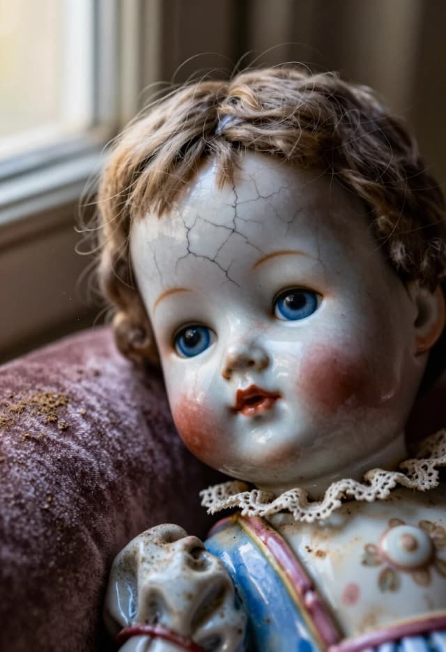 A hyper-realistic, intimate macro shot of an antique porcelain doll's face, leaning against a dusty velvet cushion. The doll has a delicate, cracked glaze on her cheek and one slightly faded blue eye. A few stray strands of real mohair hair are messy and tangled. Soft, golden light from a nearby window illuminates the dust motes dancing in the air around her. Extreme detail on the porcelain cracks, the texture of the weathered lace collar, and the fine dust particles. 8k resolution, shallow depth of field, shot on 85mm macro lens, melancholic yet beautiful atmosphere, photorealistic, soft pastel tones.