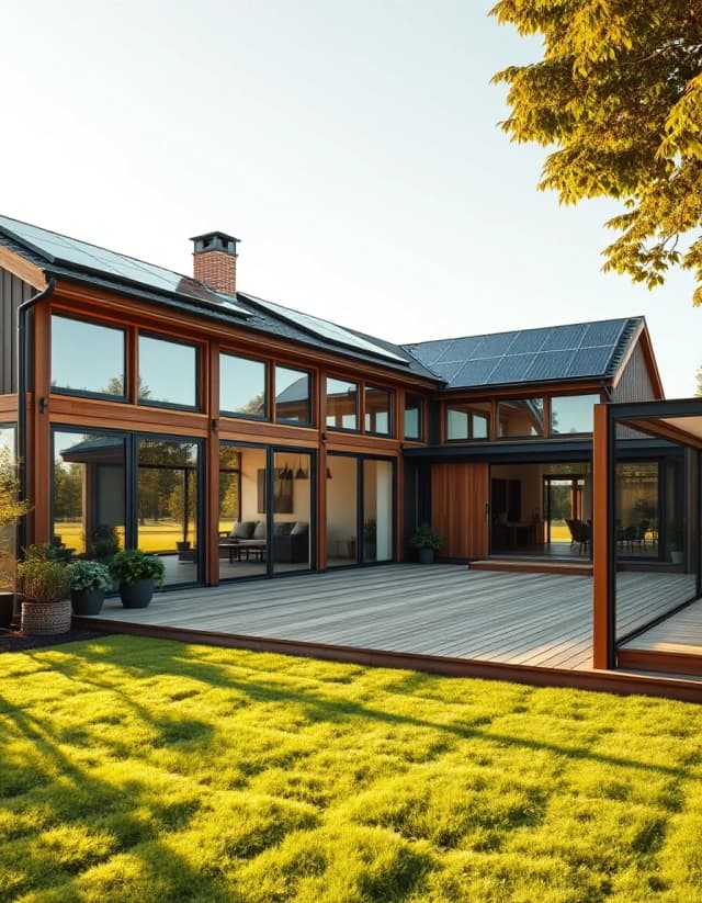 Vertical presentation of a luxury scandinavian frame house with panoramic windows. Large open timber terrace in front, premium eco-friendly architecture. Dark solar panel system visible on the roof, surrounded by high-end backyard landscaping and green lawn. Warm morning light, cinematic, ultra-detailed, photorealistic.