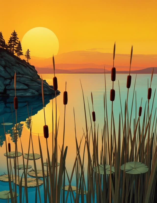 zidiusArt, A painterly Art Nouveau-inspired landscape of a tranquil marsh at sunset. The sky glows with warm gradients of orange, yellow, and peach, reflecting beautifully in the calm blue and turquoise water below. In the foreground, tall cattails and reeds with dark brown seed heads rise from the water alongside floating lily pads. On the left, a rocky outcrop with silhouetted trees creates depth. The water shows subtle reflections and ripples. The style features smooth, decorative qualities with stylized natural elements, rich color saturation, and a harmonious blend of warm and cool tones. Peaceful, serene mood, illustrative painting style with visible texture.