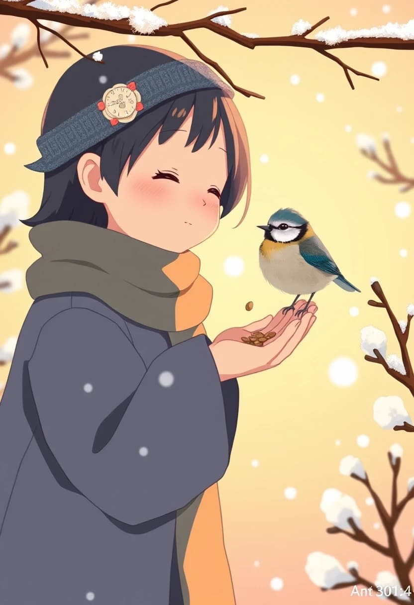 Anime style illustration, Studio Ghibli aesthetics, a cozy winter scene, a gentle person offering seeds on a palm to a brave little tit bird, soft pastel colors, warm glowing atmosphere, detailed background with snowy trees, cute and heartwarming --ar 3:4