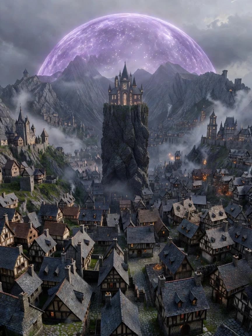Wide angle view from the inner slope of a circular mountain ring, looking straight ahead toward the opposite mountain wall. The camera is positioned on the slope, with houses directly in front and below. The entire visible slope from foreground to center is covered with dense, chaotic medieval buildings. The city center is exactly in the middle of the frame, marked by a tall vertical rock pillar with a magical academy on top. The pillar is perfectly centered, not to the left or right. The foreground shows the nearest district rooftops in one solid color. The middle ground shows the central pillar and the academy. The background shows the opposite side of the mountain ring with more houses climbing up that slope. All 12 districts are fully built with no empty gaps or flat color patches — every district is filled with individual roofs, chimneys, and windows. A translucent purple dome connects to the mountain peaks overhead. Photorealistic fantasy, highly detailed architecture, misty atmosphere, 8k.