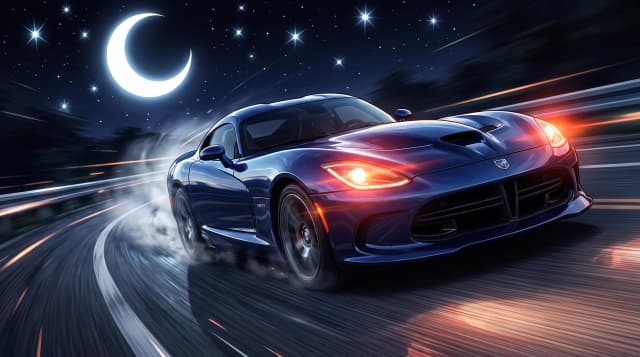 Dodge Viper, едет по дороге, эпичный ракурс, эффект скорости, горящие фары, на фоне звездного неба и белой луны, стиль аниме с реалистичными деталями, шедевр, крупный план