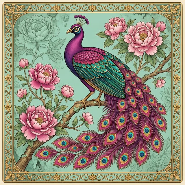 Vintage art nouveau illustration, an elegant majestic peacock in vibrant magenta and fuchsia plumage with teal metallic accents on its wings, perched on a branch. Its flowing tail features large ornate ocelli with turquoise centers and golden rims. Surrounded by large lush pink peony flowers and delicate branches with small pink blossoms. The background is a textured, weathered patina-style mint teal canvas. Framed by an ornate thin gold filigree border with intricate decorative corner motifs. Romantic, highly detailed, botanical etching style, soft diffused lighting, elegant composition, 8k --ar 1:2