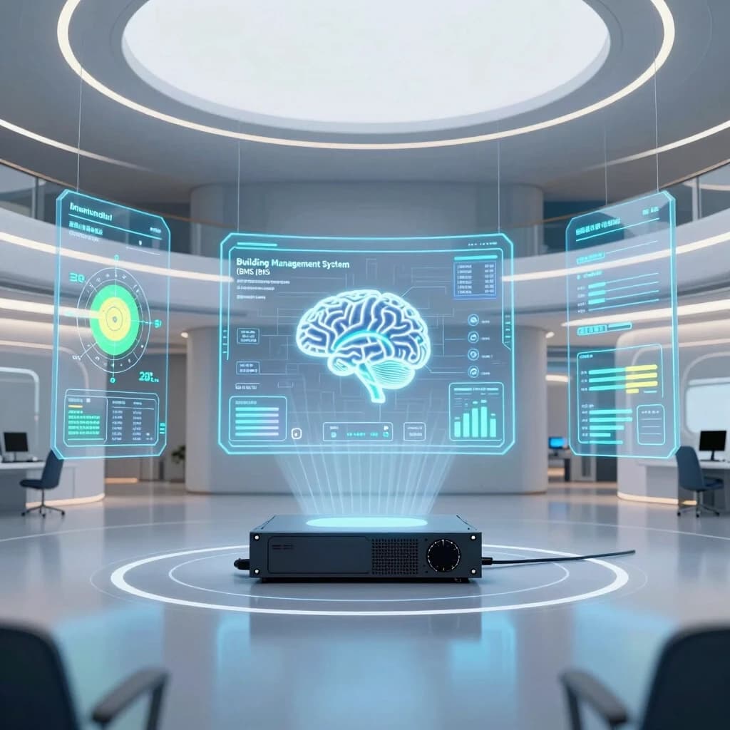 Futuristic smart building interior with transparent digital displays showing climate control data, occupancy maps, and energy flow. In the center of the room, a compact industrial edge controller serves as the brain, projecting a holographic user interface. The atmosphere is comfortable, bright, and high-tech. Concept of Building Management System (BMS) and automation. Style: architectural visualization, modern minimalism, glass and steel, soft blue ambient lighting, wide-angle lens. --ar 16:9