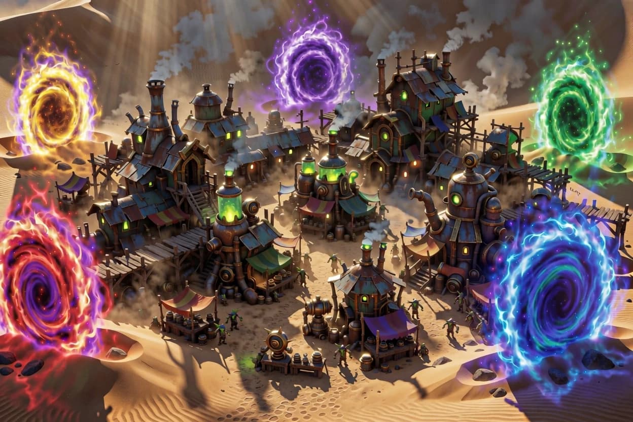 A sprawling, chaotic goblin settlement inspired by Gadgetzan from World of Warcraft, characterized by makeshift scrap-metal architecture, rickety wooden scaffolding, and cluttered steampunk structures built from salvaged junk. The town is a dense labyrinth of smoking chimneys, glowing green chemical vats, and cluttered marketplaces filled with mechanical contraptions. Surrounding the settlement in a wide circle are five massive, swirling magical portals, each emitting a distinct, vibrant color: crimson red, deep violet, electric blue, emerald green, and bright amber, casting intense colored glows onto the desert sands. The scene is set during a bright, high-noon desert sun, but the atmosphere is heavy with tension and an impending sense of doom. Dramatic lighting with sharp, high-contrast shadows and volumetric light rays piercing through the dust and smoke. Cinematic composition, wide-angle shot capturing the scale of the town and the surrounding portals. High-detail digital art style, reminiscent of epic fantasy concept art, with rich textures of rusted metal, weathered wood, and shimmering magical energy.