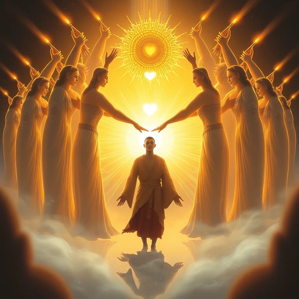 Digital art. A descendant standing in the center, surrounded by many glowing ancestral figures forming a protective circle. They gently embrace him, sending warm golden light toward his heart. Flowing energy of peace, unity, magic, and ancestral love connects all generations. Soft luminous tones, ethereal glow, warm gold and soft blue colors. Magical realism, detailed, 8k, spiritual, sacred, heartwarming.»