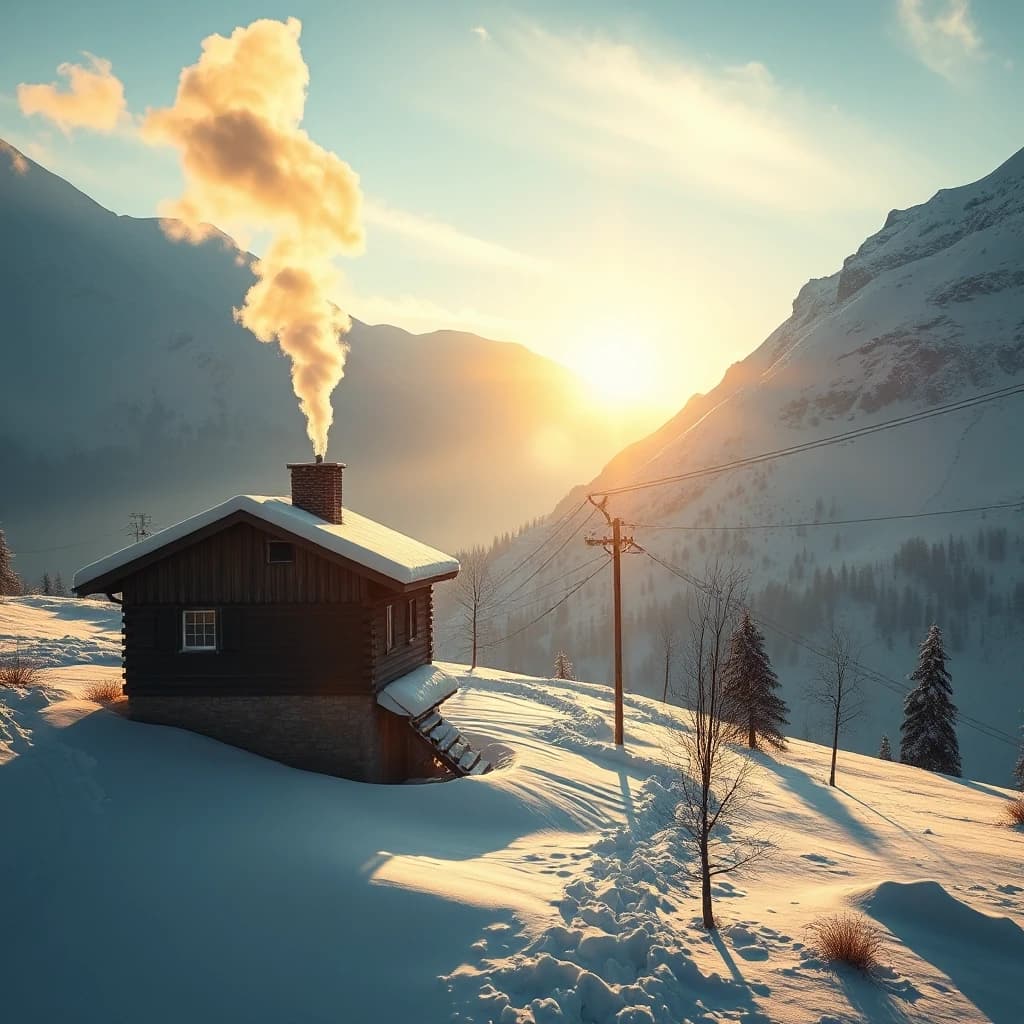Sunrise over an isolated mountain hotel after a powerful snowstorm, sparkling fresh snow, smoke rising from the chimney, calm silence, majestic alpine peaks, golden morning light, photorealistic, ultra-detailed, cinematic masterpiece.