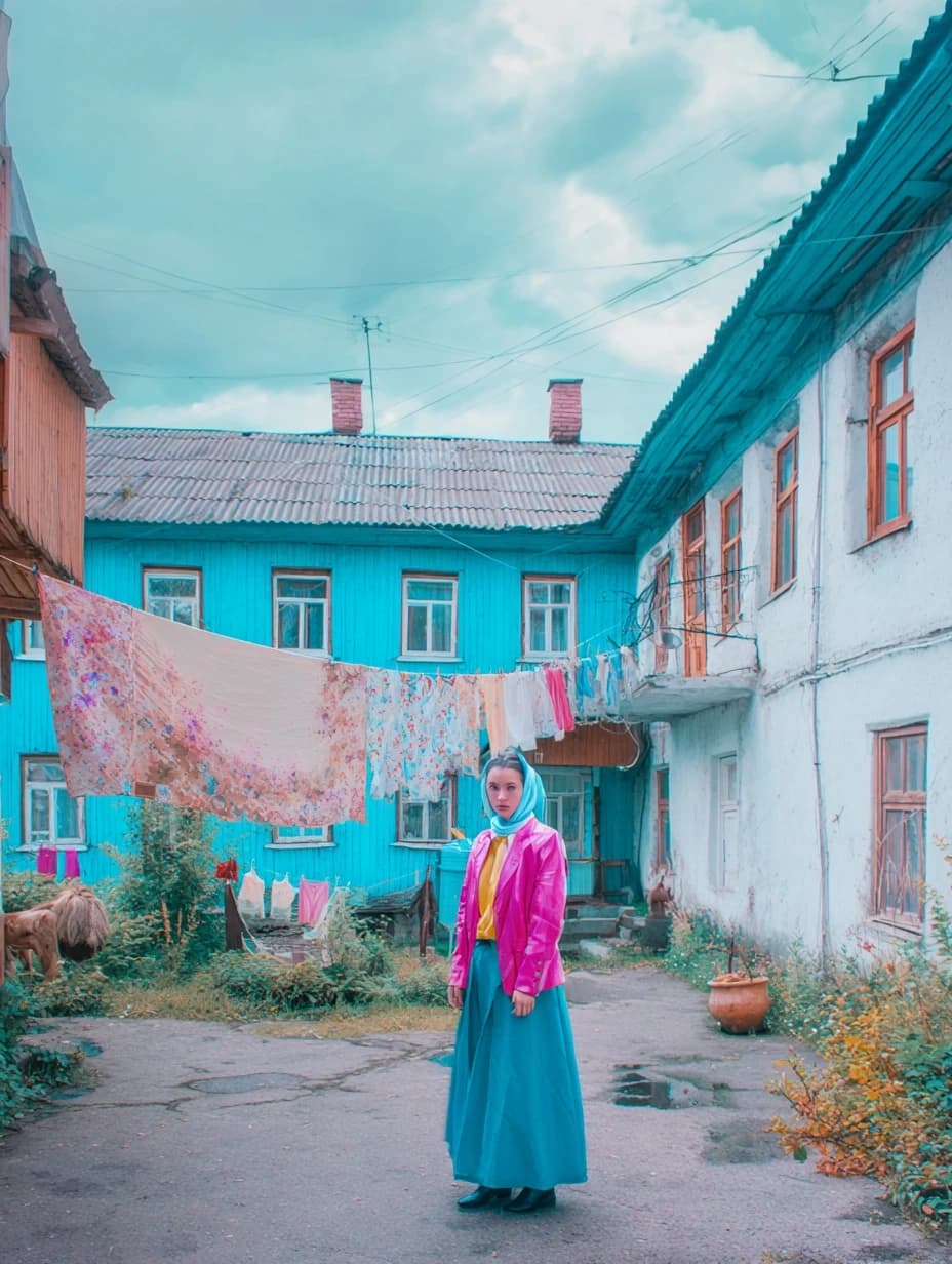 photos of the post-Soviet aesthetics of Russian villages' courtyards and people with their everyday life in the styles of McBling, Waporwave, Wes Anderson chic, Andersonesque Popart --ar 3:4 --v 7.0 --s 250