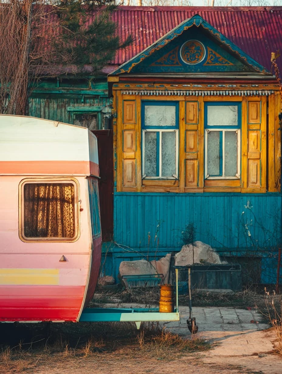photos of the post-Soviet aesthetics of Russian villages' courtyards and people with their everyday life in the styles of McBling, Waporwave, Wes Anderson chic, Andersonesque Popart --ar 3:4 --v 7.0 --s 250