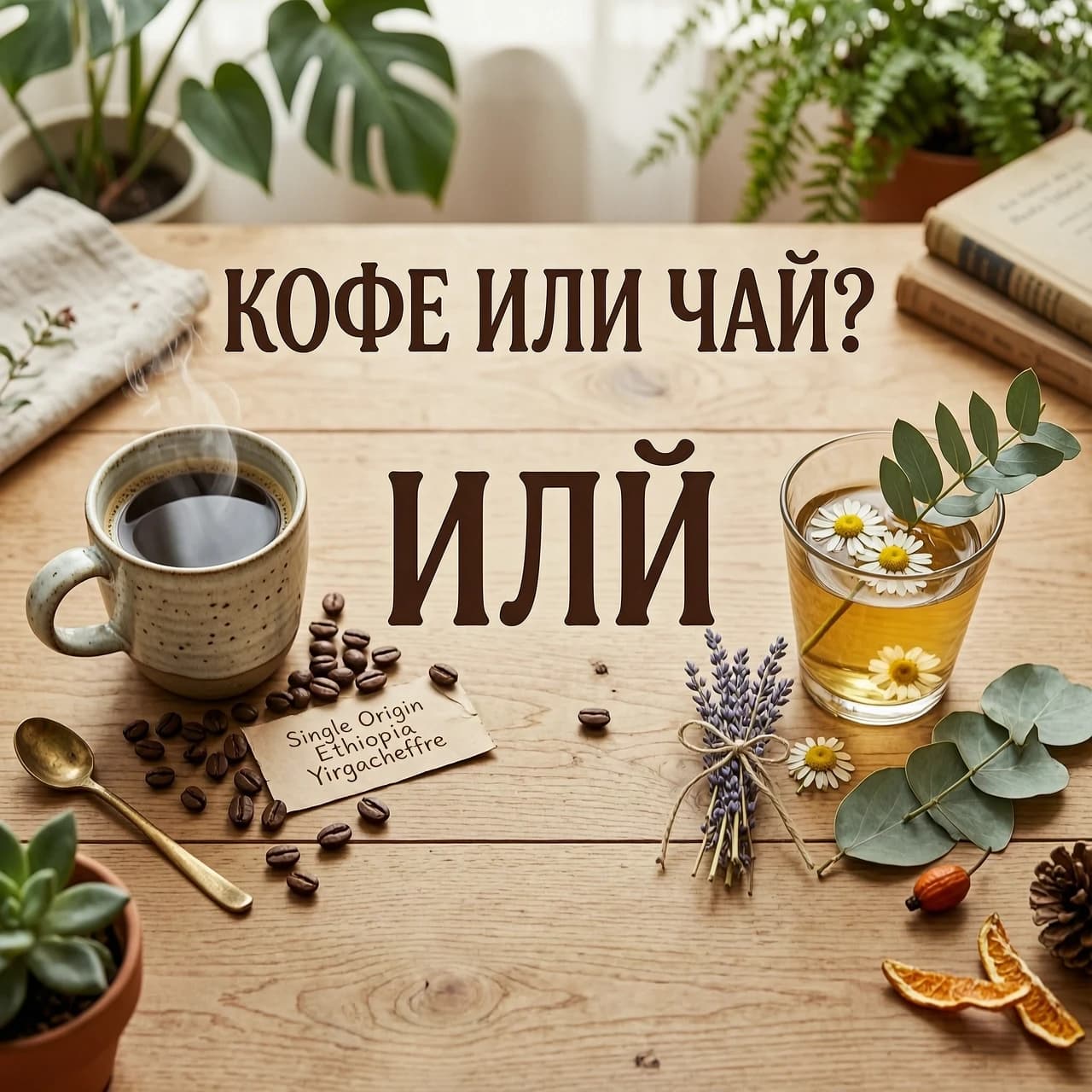 Фотореалистичный уютный постер в стиле hygge: вид сверху на деревянную столешницу. Слева — кружка с кофе и кофейными зёрнами, справа — стакан с чаем, ромашка и листья. Тёплое мягкое освещение, пастельная гамма (бежевый, оливковый, коричневый), размытый фон с зелёными растениями.
Текст: вверху — «КОФЕ ИЛИ ЧАЙ?», в центре — «ИЛИ».Шрифты декоративные, контрастные, читаемые, не перекрывают предметы. Высокая детализация, эстетика wellness-блогов.