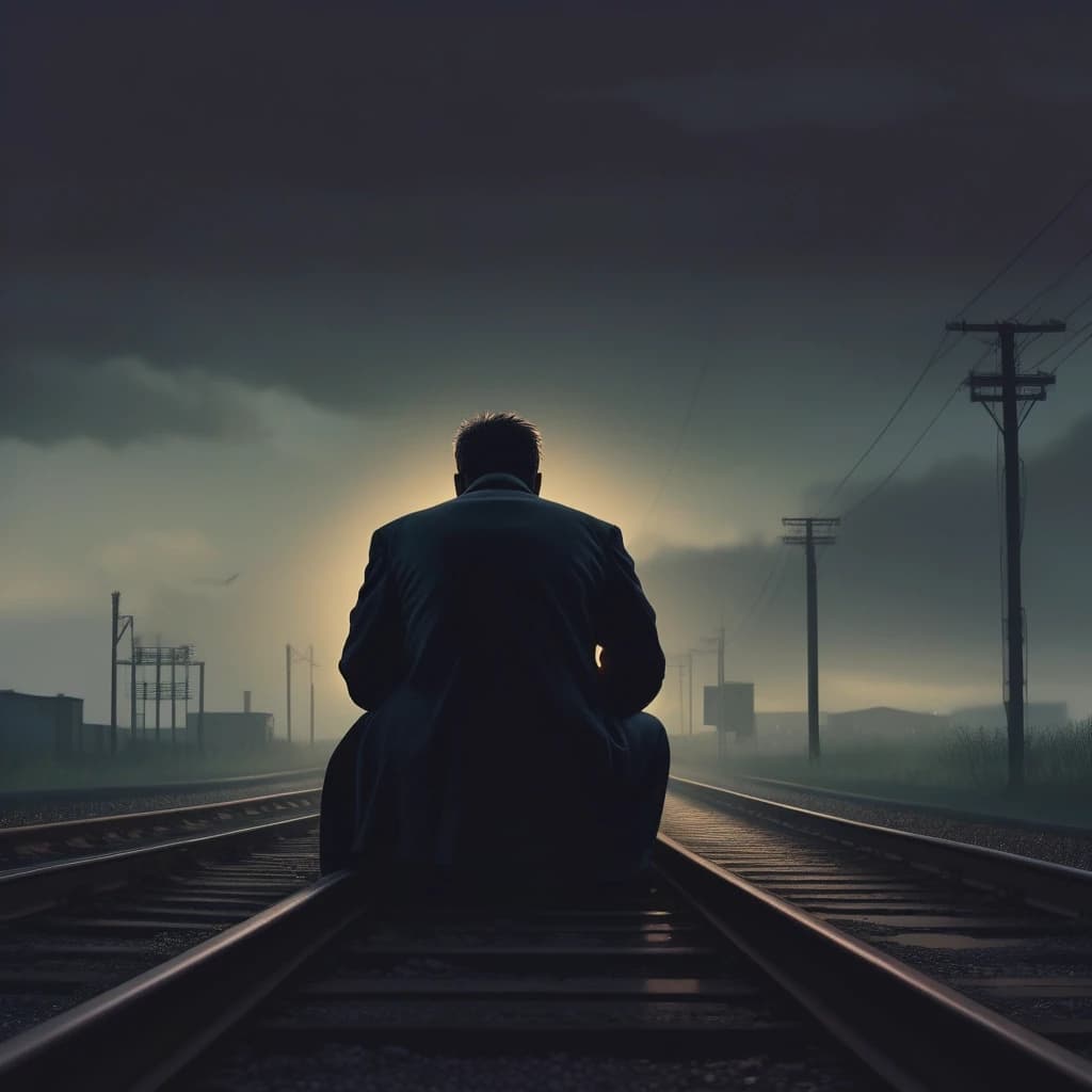 A lonely man sitting on railway tracks at sunset, cinematic lighting, dark moody atmosphere, fog in the distance, dramatic sky, emotional mood, urban melancholy, realistic photography style, shallow depth of field, album cover