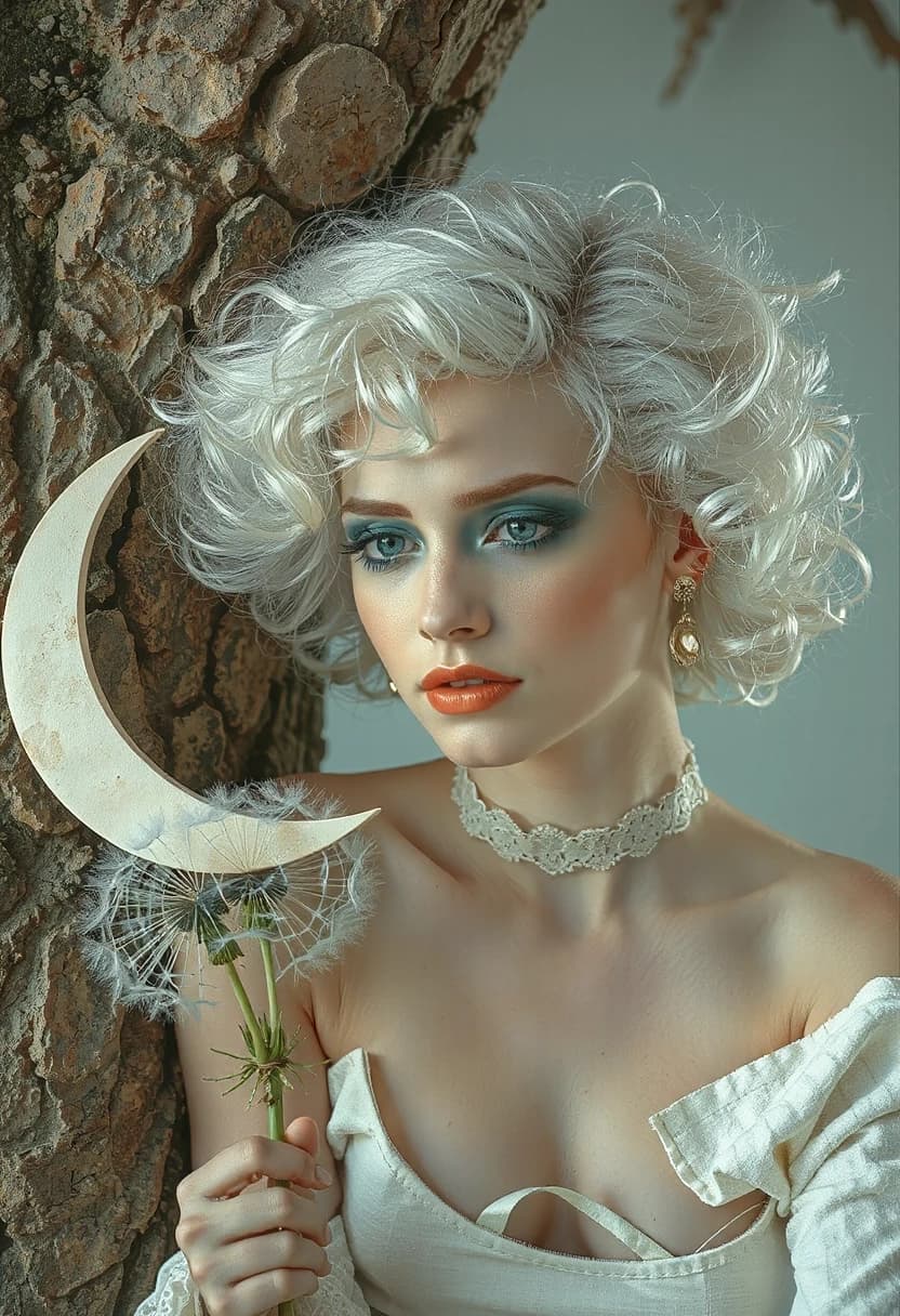 Description: Photorealistic detailed concept art in a minimalist style, various textures, stone and bark, aesthetic, attractive white albino woman looking down, mint lips, conceptual mint color and white, recording, really huge white hair curly hair white dandelion, perforated pages, French hairstyle, woman and giant mint crescent moon, mint background.