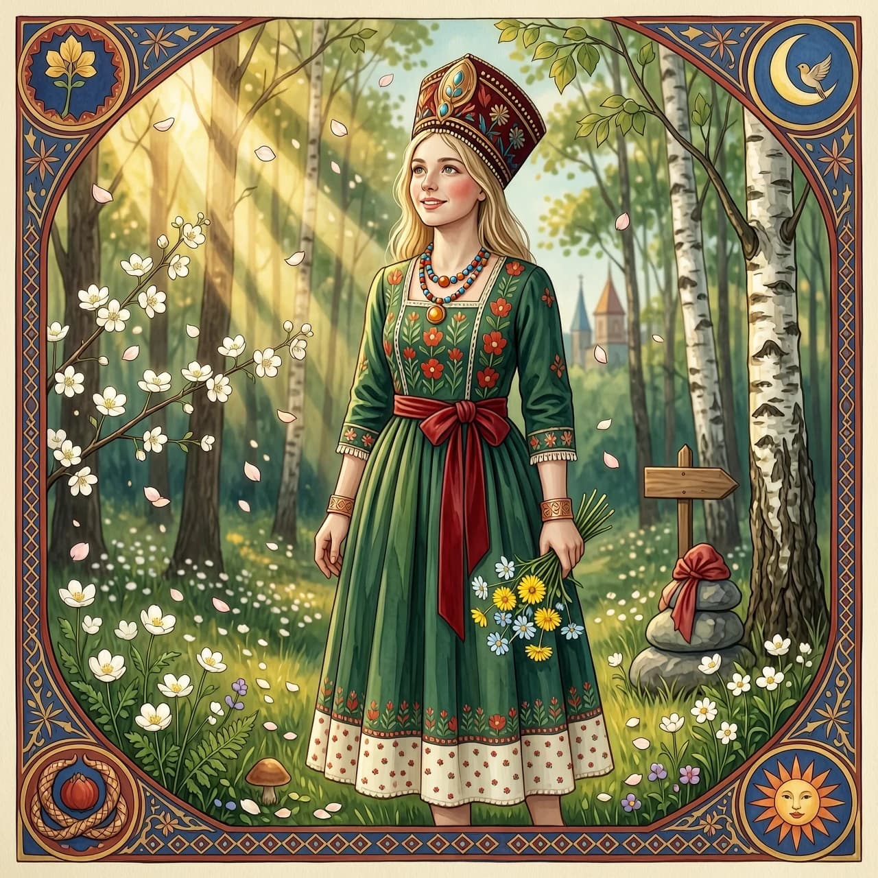 Russian Russians: A detailed portrait of a young woman of Slavic appearance from the 16th century in a traditional long Russian sundress and a traditional Russian cocoanut headdress, with blonde hair against the background of a spring blooming forest, in full growth. In the Glitter style: magical realism, natural symphony, shapes dissolve into color, lines flow like water, translucent layers with a watercolor texture, intricate ornaments at the corners of the composition.
High quality, 4k, octane, cinematic lighting, dramatic composition, eyes with increased detail, delicate skin texture, professional photography, depth of field, Leica camera, artstation trends, spectacular lighting, mystical atmosphere, detailed textures, volumetric lighting, works by Viktor Vasnetsov and Ivan Bilibin, gouache painting style, style Russian fairy tales, photorealism. An atmosphere of joy and serenity.