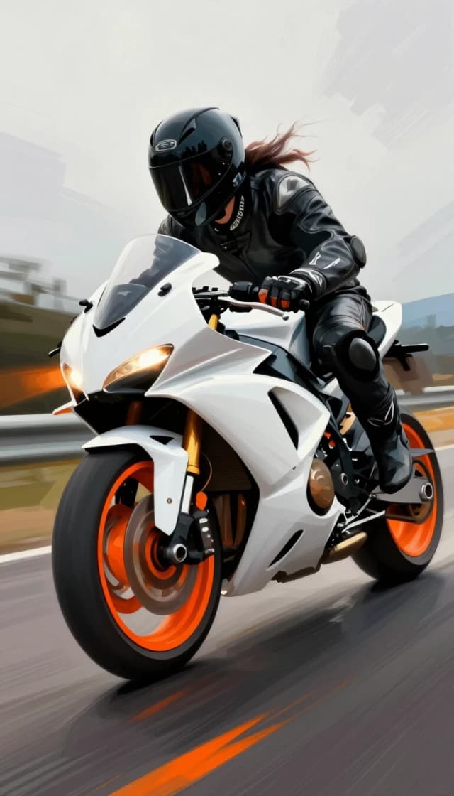 A dynamic, action-packed painting of a motorcyclist leaning into a turn on a sleek, white motorcycle with bright orange wheels. The rider wears a black leather suit and helmet, with their hair flowing back. The scene is rendered in a painterly style, with visible brushstrokes that create a sense of motion and energy. The background is abstract, with streaks of white and grey suggesting speed and a slightly blurred environment, punctuated by vibrant orange reflections on the ground. The lighting is dramatic, with the motorcycle's headlight casting a warm glow and highlighting the textures of the bike and rider. The perspective is low and close-up, emphasizing the power and speed of the machine. --style raw
