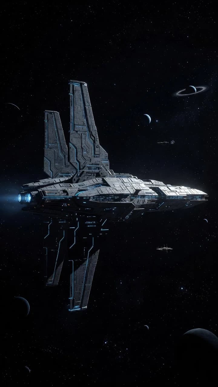 Wide cinematic sci-fi shot of a heavily detailed tactical spaceship with a massive vertical wing design, floating in deep space. The ship is positioned at a medium distance, emphasizing its intricate hull texture: layered armor plates, exposed mechanical joints, and micro-details. Subtle geometry‑based glowing cyan lines are localized only on specific segments of the vertical stabilizers and a few hull contours – minimal but effective position lights. The ship shows faint blue ion residual glow near the thrusters, without visible exhaust trails or plumes. A strong, harsh light source from a distant star illuminates one side of the ship, casting deep, dramatic shadows on the other. Background: deep black cosmic void filled with stars. Distant planets are visible, one with striking planetary rings and a small orbital station in the distance. No atmospheric rims, no large planets in close view. Photorealistic, high‑contrast lighting, cold space aesthetic, ultra‑detailed textures, rich but subdued palette, cinematic composition, 8k.