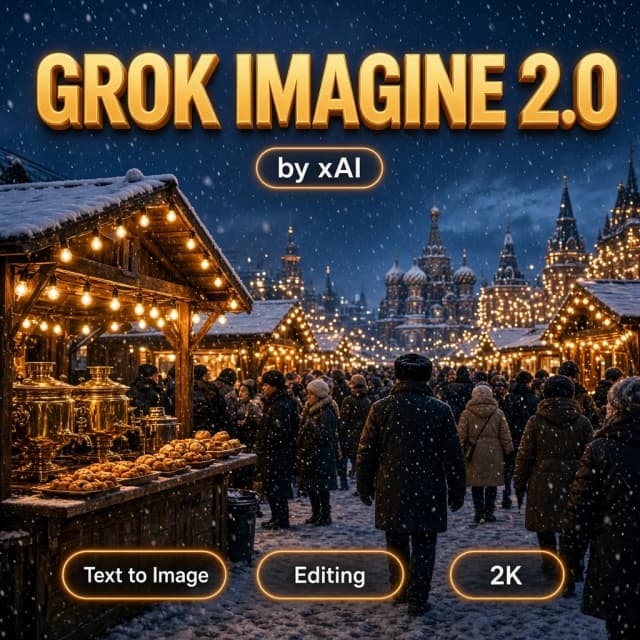 Flat 2D square graphic design cover, the photograph fills the frame 100% edge-to-edge, no frame, no border, no mockup. Across the upper area, bold glowing modern 3D typography reading "GROK IMAGINE 2.0", crisp and perfectly legible, EXACTLY ONE line, appears only once, with a small clean tag "by xAI" directly beneath it. Along the bottom edge, one clean row of three small rounded glowing badges with short legible labels: "Text to Image", "Editing", "2K". Nothing else written anywhere. Background hero: a warm winter evening street market in a Russian city shot wide at eye level, wooden stalls glowing with bulb lights, brass samovars and pastries, snow falling through the lamplight, a dense crowd in heavy coats, deep blue dusk behind, rich reportage photography finish.