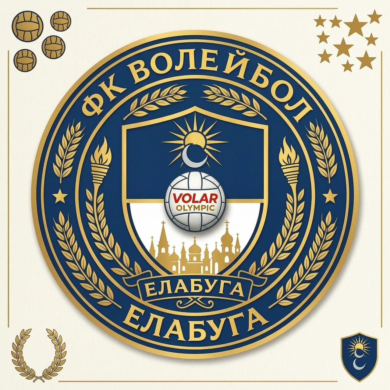 создай эмблему женского волейбольного клуба с гербом города Елабуга, с волейбольным мячом волар "олимп" без года