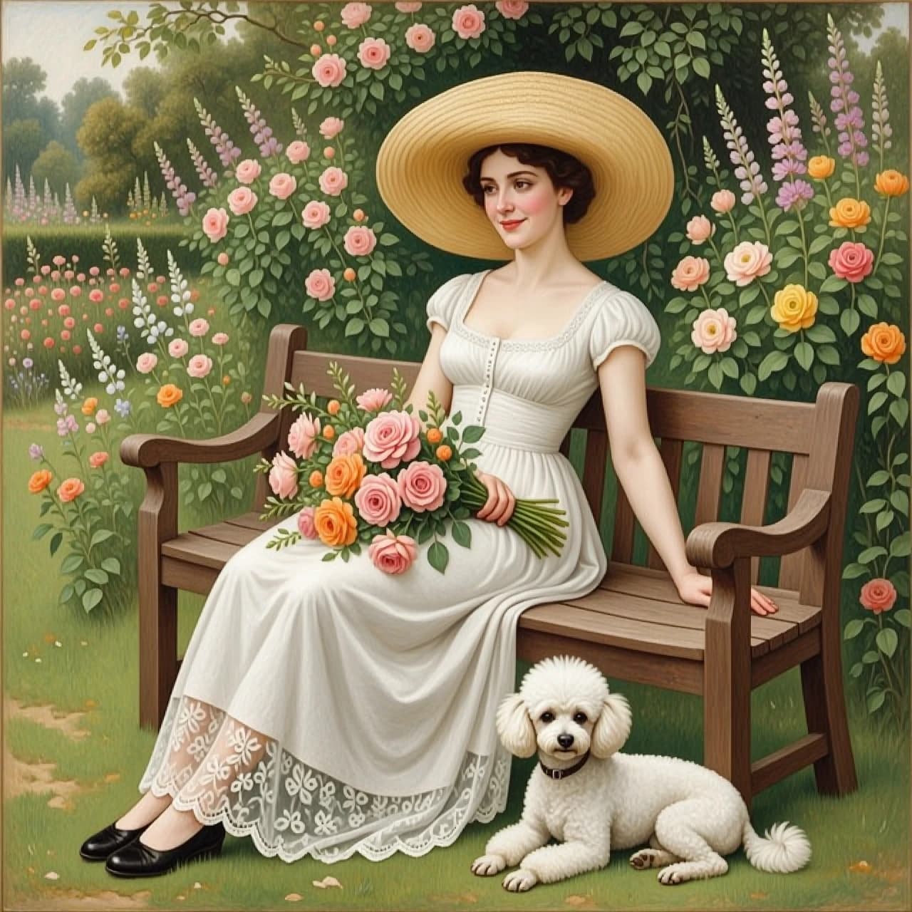 The image is a painting of a woman sitting on a wooden bench in a garden. She is wearing a white dress with a lace overlay and a large straw hat with a wide brim. The woman is holding a bouquet of pink and orange flowers in her left hand and is looking off to the side with a slight smile on her face. Next to her, there is a small white poodle dog lying on the ground. The background is filled with greenery and colorful flowers, creating a peaceful and serene atmosphere. The overall mood of the image is romantic and dreamy.