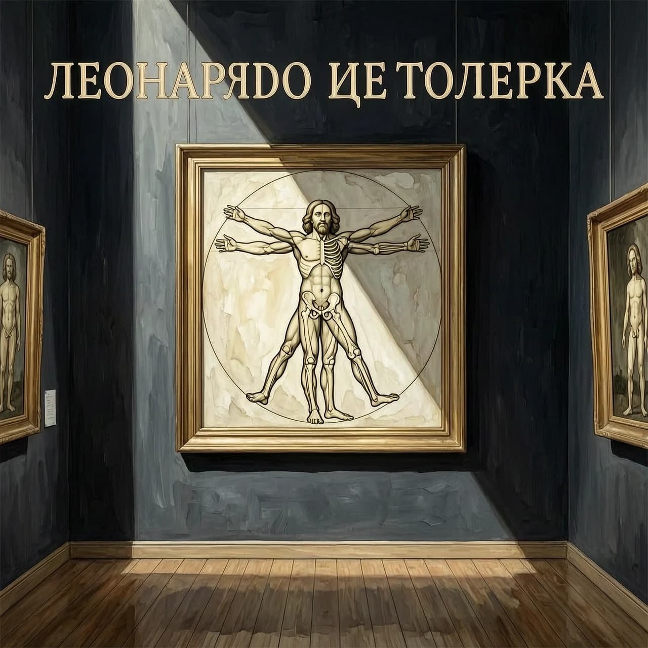 Изображение для книжной обложки в стиле картины акварелью. В тёмной картинной галерее висит картина витрувианского человека Леонардо Да Винчи. Витрувианский человек изображён наполовину оригинальным, наполовину в виде человеческого скелета. Всё в стилистике Леонардо. Картина освещена лучом света, что делает остальное изображение чёрным.