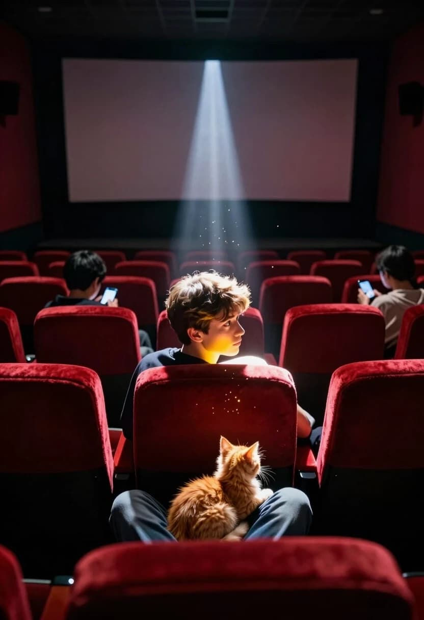 Photorealistic cinematic shot, 8K, Octane render, soft natural lighting. A medium-wide shot from behind the last row of seats, looking down the aisle towards the empty screen. The theatre is nearly empty: only a few scattered people sit here and there, checking their watches or scrolling phones. In the middle row, a shy young man sits awkwardly, his posture tense, knees bouncing slightly, eyes darting between the screen and the door — he’s waiting for someone. On his lap, a tiny, incredibly fluffy orange kitten curled up, but its head is lifted, ears twitching, as if it just heard something magical. Suddenly, from the darkness of the projection booth window, a single beam of light shoots out — not the projector, but a pure, glowing beam of cinematic magic. It hits the kitten first, making its fur sparkle like gold, then spreads across the man’s face, turning his nervous expression into one of wonder. The beam is filled with floating dust particles, creating volume and depth. The velvet seats have rich texture, the carpet is deep red with visible pile. Rim light and soft backlight create separation and dimension. Mood: quiet anticipation, sudden wonder, intimate magic.