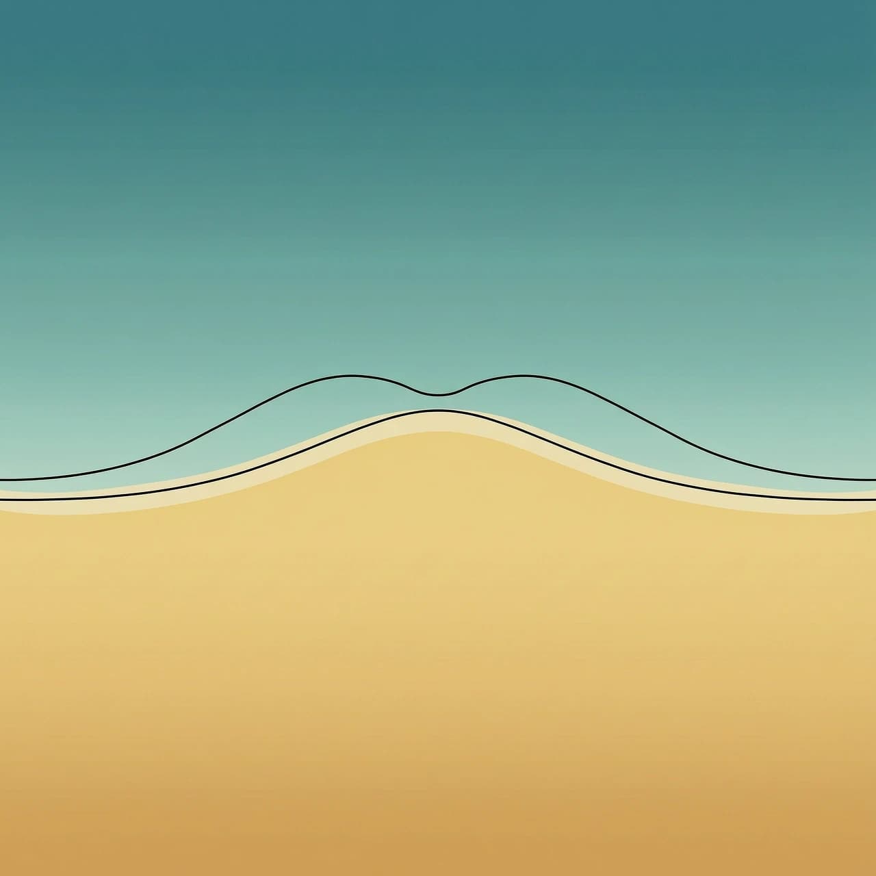 A vertical minimalist digital art for a romance novel cover, flat top-down view from above. The canvas is divided by a single fluid shoreline: the top area is calm turquoise sea water, the bottom area is warm yellow sand. The clear water edge forms a perfect, seamless, elegant silhouette curve that resembles a woman's hip. Exactly along this smooth wave line runs a razor-thin, delicate, ink-black geometric line. High aesthetic, clean layout, harmonious composition, no people, no text, no letters, no human bodies
