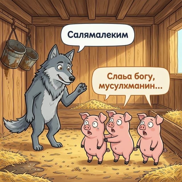 Нарисуй юмористическую иллюстрацию в стиле цифровой живопись: большой серый волк уверенно заходит в деревянный свинарник, слегка наклонив голову и приветливо подняв лапу. Его морда выражает спокойствие, глаза добрые, поза не агрессивная. Перед ним в ряд стоят три маленьких испуганных поросёнка: у них широко раскрыты глаза, уши прижаты, один чуть дрожит, другой вцепился в соседа, третий замер с приоткрытым ртом. Атмосфера напряжённая, но с комичным оттенком. Над волком — речевая пузырька с текстом: «Салямалекум». Над поросятами — общая пузырька: «Слава богу, мусульманин…». Тёплая цветовая гамма: бежевые и коричневые тона свинарника, яркие розовые оттенки поросят, серый мех волка. Мягкое дневное освещение, лёгкая тень от входа. Детали: деревянные доски, солома на полу, кормушка, пара висящих на стене ведёрок. Формат — вертикальный, соотношение 3:4, акцент на эмоциях персонажей.
