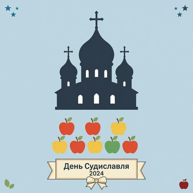 Создай минималистичную иллюстрацию для приглашения: силуэт Спасо‑Преображенского собора на светло‑голубом фоне. Линии чёткие, цвета плоские, без градиентов. В нижней части — стилизованные яблоки: простые формы, узнаваемые силуэты, 2–3 цвета (красный, жёлтый, зелёный). Добавь небольшой декоративный элемент: ленту с надписью „День Судиславля“ или цифру года. Композиция лаконичная, много „воздуха“, акцент на узнаваемости собора и символичности яблок. Стиль — flat design, векторная иллюстрация, высокая читаемость на небольших экранах