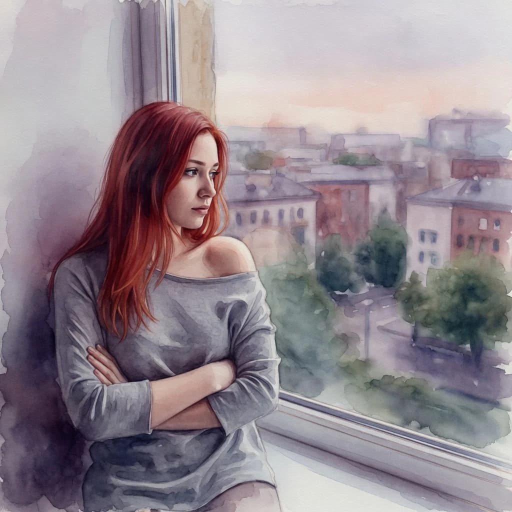 The image is a portrait of a young woman with long red hair. She is sitting on a window sill, looking out with a thoughtful expression on her face. The woman is wearing a gray off-the-shoulder sweater and her arms are crossed over her chest. The background is blurred, but it appears to be a cityscape with buildings and trees. The overall mood of the image is somber and contemplative. The image has a watercolor-like quality, giving it a soft and dreamy feel.
