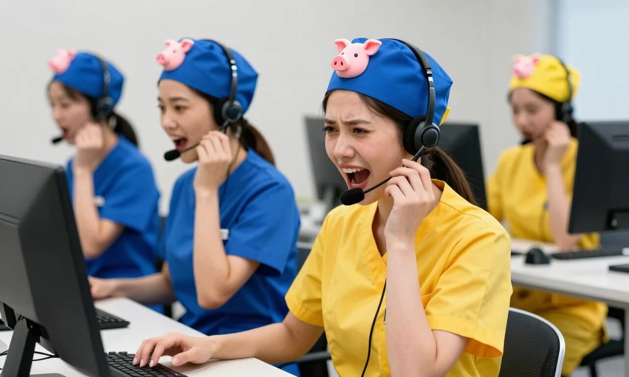 Stupid, stupid girls in yellow and blue medical uniforms are sitting in a call center, shouting into headsets, wearing blue and yellow medical caps with a picture of a pig's head on their heads.