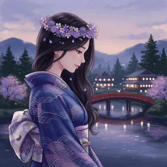 The image is a digital art piece that appears to be a portrait of a young woman with long dark hair. She is wearing a traditional Japanese kimono with a blue and purple color scheme. Her hair is styled in loose waves and cascades over her shoulders. She has a small flower crown on her head, which is made up of small purple flowers. The background is a landscape with a bridge over a body of water, and there are trees and buildings in the distance. The overall mood of the image is peaceful and serene.