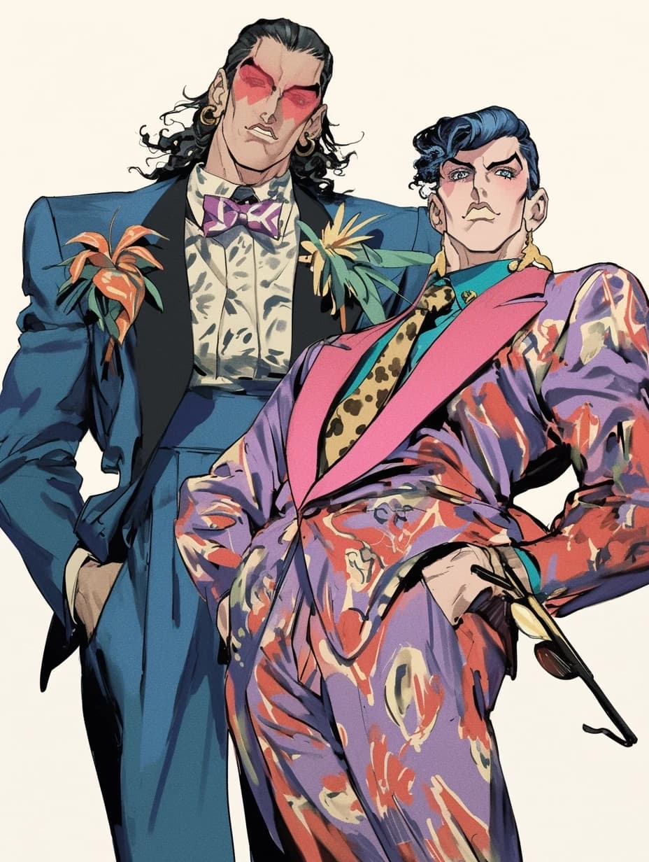 gigachad and sigma face imitation on the different anime characters painted in art styles of Katsuhito Ishii and Katsuya Terada, caricatured exaggeration of the masculine facial features of the chin, cheekbones, cheeks, eyes, and eyebrows, an elaborate pose showcasing the chic and unique design of an 80s-style outfit and Italian high fashion --ar 3:4 --niji 6 --s 100
