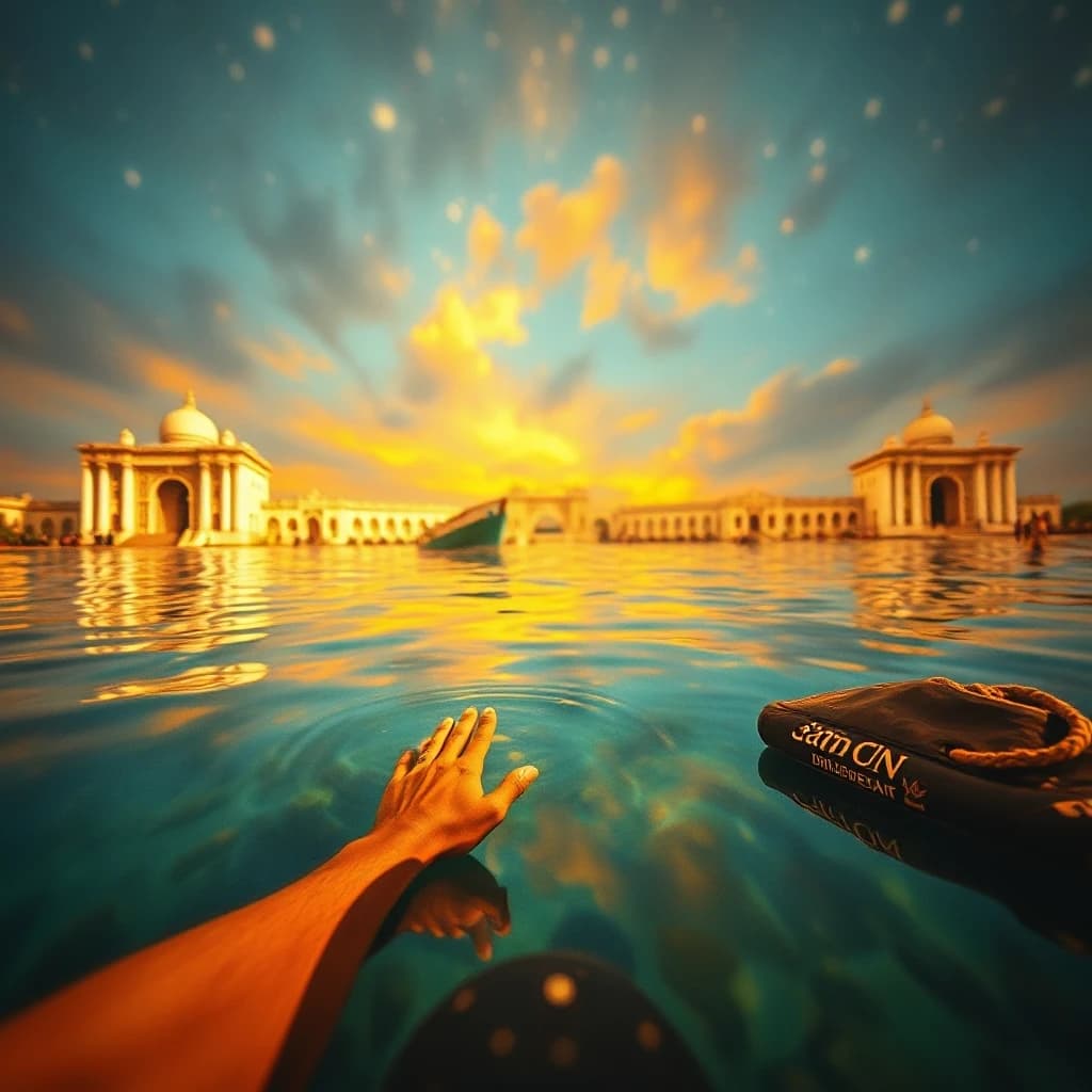 by Nikolai Lockertsen, Etam Cru, Oil painting, landscape of a Bhubaneswar from inside of a Crystal-clear fairy pool, it is Fiery, Stars in the sky, Relaxed, bokeh, Ilford HP5+ 400, F/14, rich colors, original, perfect background, artistic, dynamic composition, dynamic dramatic beautiful full taking, luxurious sharp focus