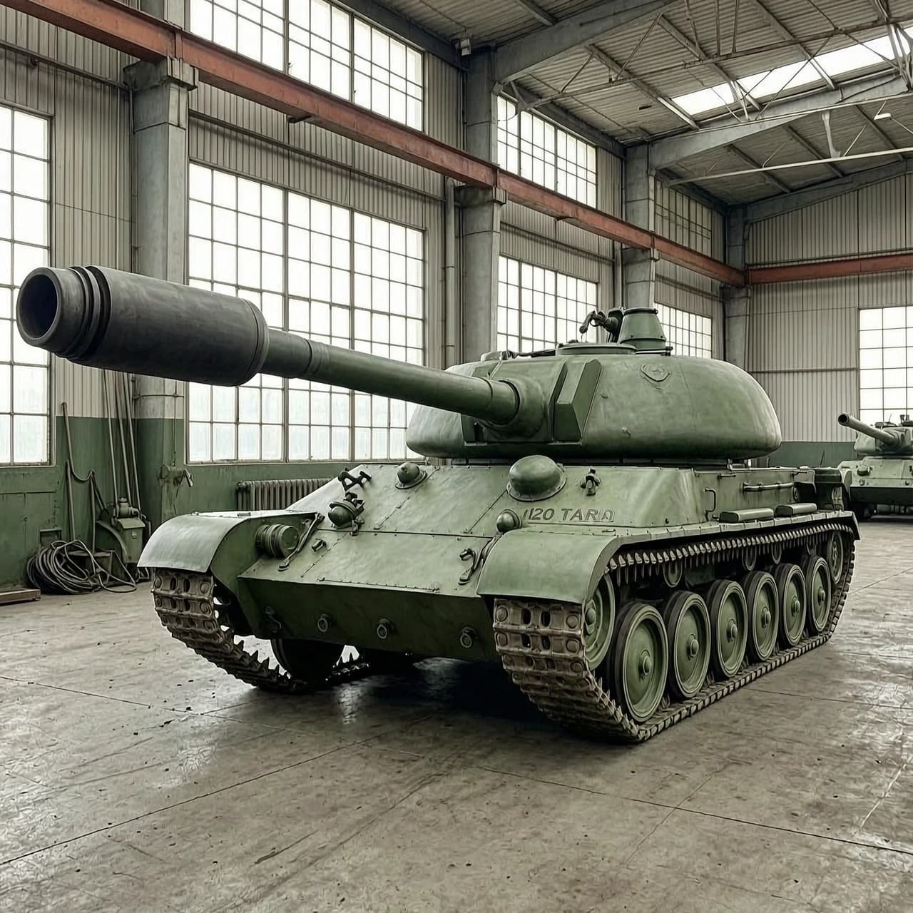 Soviet tank, hybrid of T-44 tank and Object 120 Taran. Rear-mounted large rounded turret. Incredibly long 152mm gun with a massive muzzle brake extending far forward. Low profile chassis with front engine compartment. Realistic military historical photo, 1950s Soviet engineering style, green protective paint, standing in a hangar, photorealistic, 8k