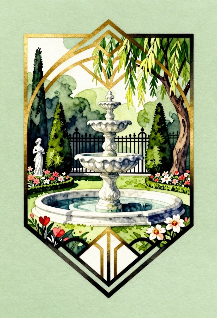 A watercolor painting is a logo or tattoo on a light green background. Art Deco and Art Nouveau with sharp asymmetry, elements of abstractionism in the background, high decorativeness and ornamental quality. Noticeable texture of the canvas. An unusual white‑marble fountain in a classic park with flower beds and Renaissance‑style topiaries. High contrast. Beautiful, with a figurine and an openwork fence. Graceful cypresses and linden trees. Summer flowers. Decorative composition. Shadows. Gold, black, and bright green lines emphasize the main elements.