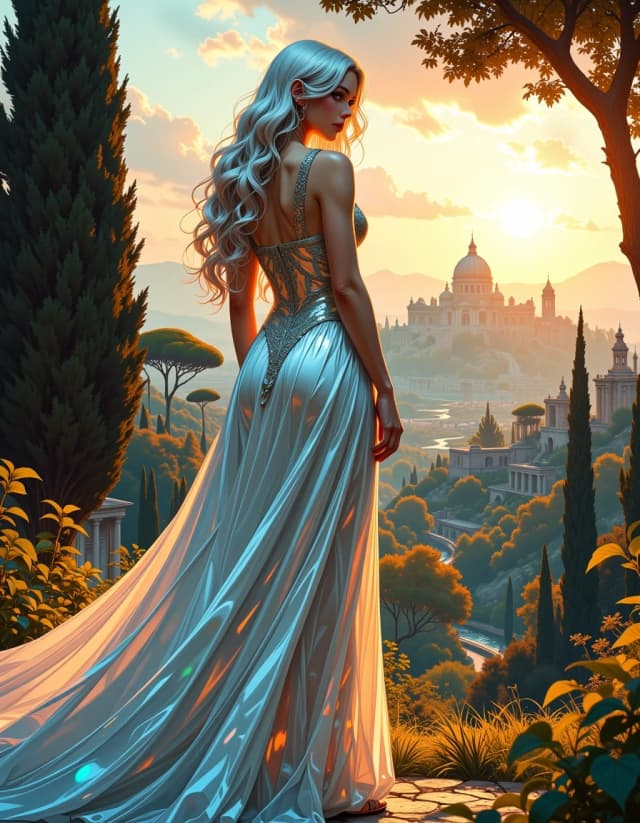 A masterpiece, in the style of the 1980s, with bold lines, dynamic strokes and rich textures, on background with a touch of nostalgia, perhaps with subtle drawings inspired by cellulose and vintage, worn textures similar to paper, oil painting, Ultra-detailed photorealistic full-body portrait of an ethereal young woman standing in an ancient Roman landscape at golden hour, long platinum-silver hair cascading in soft waves, iridescent pearlescent skin and a shimmering holographic gown with an intricate sculpted bodice and flowing pleated skirt that catches rainbow highlights, soft sunbeams filtering through trees creating volumetric light and warm backlight rim illumination, subtle lens flare, misty valley with cypress trees and classical architecture in the background including a domed basilica and Colosseum-like ruins, foreground foliage framing the subject, cinematic composition, shallow depth of field (85mm, f/1.8), natural skin subsurface scattering, realistic fabric reflections and metallic sheen, finely detailed hair strands, delicate makeup, high dynamic range color grading with warm golden and cool iridescent contrasts, ambient occlusion, soft film grain, photoreal textures, hyperreal fantasy-goddess mood, ultra-high resolution.