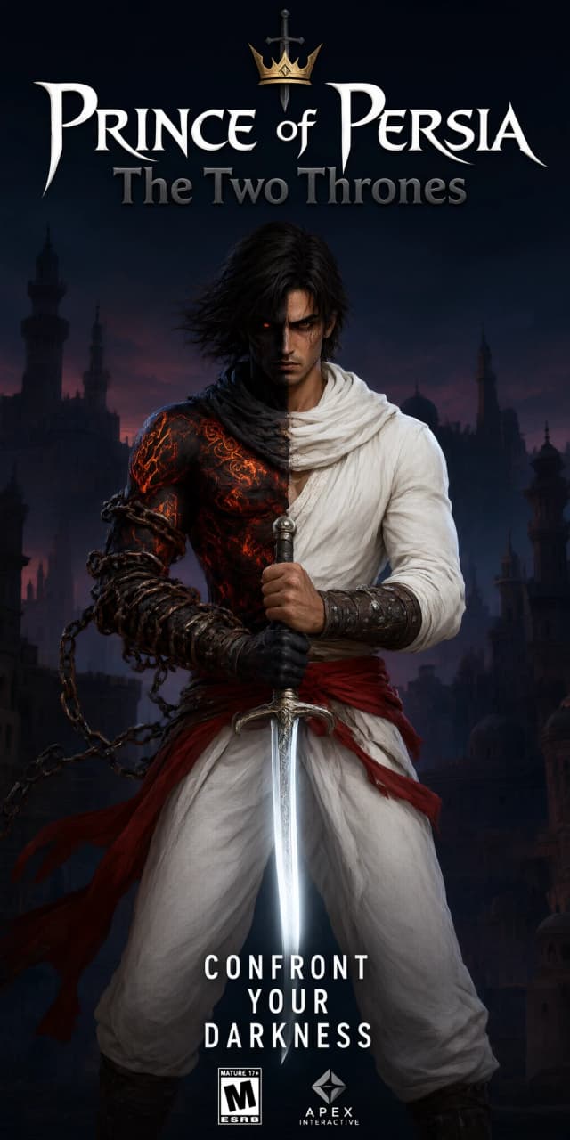 На изображении представлен персонаж из игры «Prince of Persia: The Two Thrones». В центре композиции находится молодой человек арабской внешности с тёмными волосами, одетый в белую тунику и белые штаны. Он держит меч, от которого исходит белое свечение. Тело разделена ровно на две части. Левая часть имеет черный оттенок с огненным орнаментом. На шее белый шарф-платок. Так же левая рука обмотана цепью. На руках кожаные нарукавники с железными элементами. На поясе красная ткань. На его руках видны огненные узоры, придающие ему вид воина. Меч держит двумя руками перед собой. На заднем плане можно разглядеть очертания города с башнями, выполненного в тёмных тонах. В верхней части изображения находится надпись «Prince of Persia» белого цвета, а чуть ниже — «The Two Thrones» более тёмного оттенка. Общий стиль изображения мрачный и драматичный, с акцентом на силу и решимость персонажа.