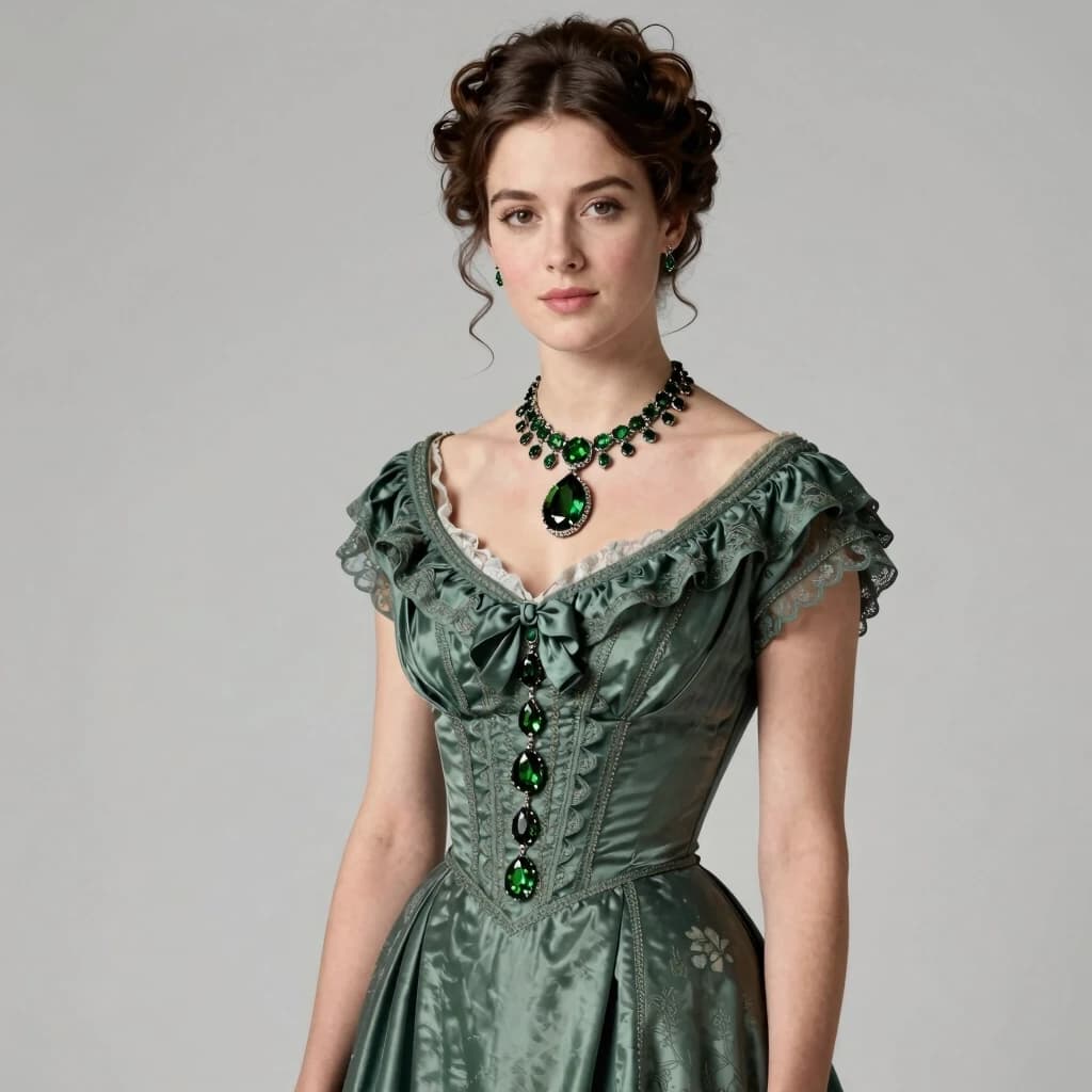 A beautiful woman in a dress, fashionable in 1861, with augite jewelry. She is positioned some distance from the camera, not looking at it. The background is clear, without blur. Style: fashion shoot