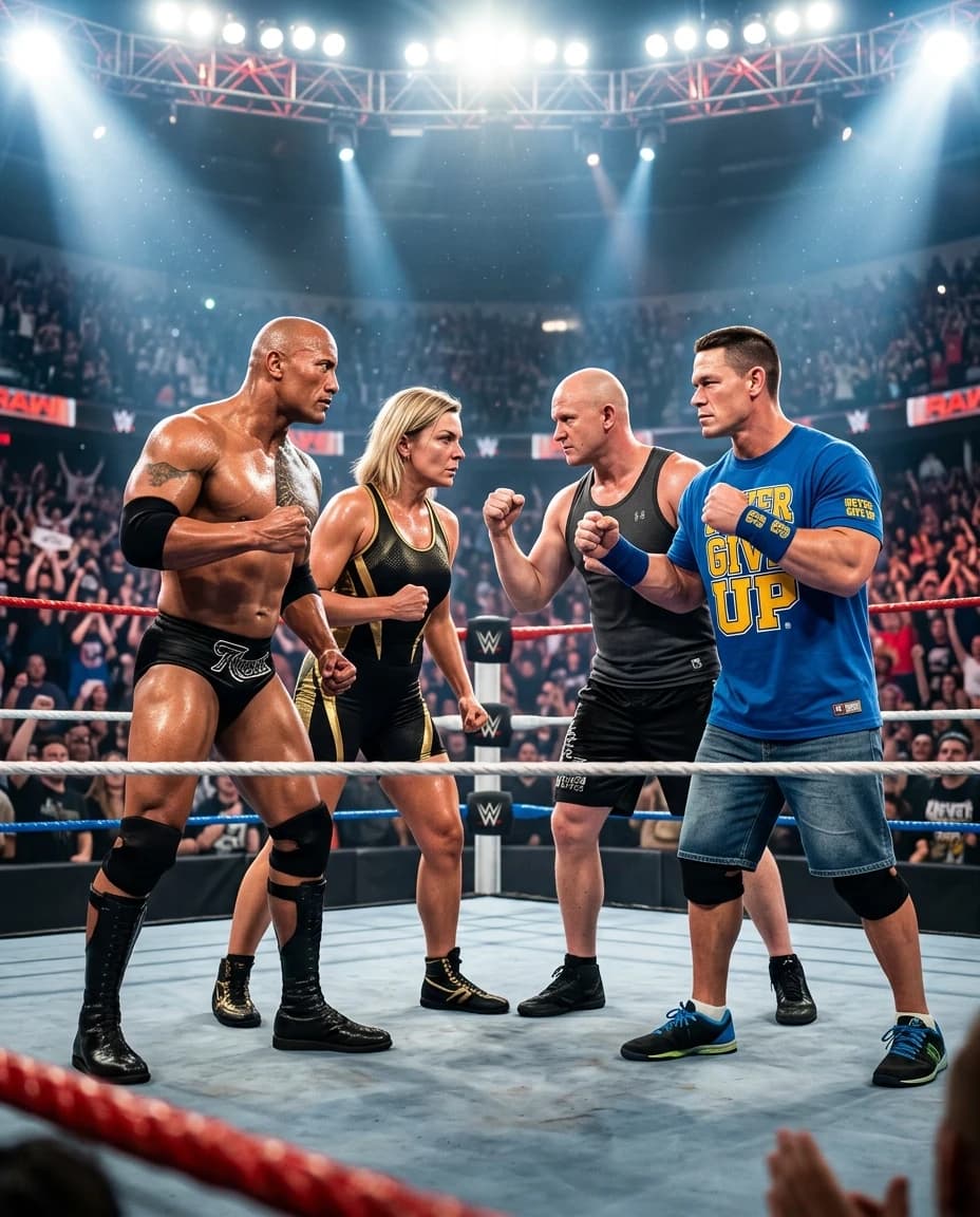 Hyper-realistic cinematic action shot of a professional wrestling match taking place in a brightly lit, packed arena. In the center of the frame, a man and a woman (maintaining their exact facial features, skin tones, and body proportions from the references) are portrayed as intense professional wrestlers, facing off against Dwayne "The Rock" Johnson and John Cena. The composition is a dynamic wide-angle shot capturing the scale of the ring and the tension of the confrontation. The wrestlers are in athletic, combat-ready stances, showing realistic muscle definition and sweat glistening under the intense overhead arena spotlights. The lighting is dramatic, featuring high-contrast volumetric stadium lights, lens flares, and a slight atmospheric haze from the crowd's energy. The environment is highly detailed: the canvas of the ring shows realistic textures and scuff marks, the ropes are taut, and the background features a blurred, massive crowd of spectators, creating a shallow depth of field. The image must have the quality of a high-end 35mm film still, with natural skin textures, no anatomical distortions, perfect bodily proportions, and seamless integration of all subjects to avoid any "photoshop" look. Masterpiece quality, 8k resolution, photorealistic, sports photography style.