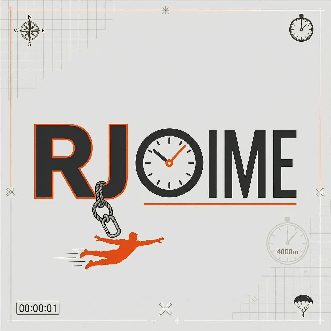 Визуальное решение: Стилизованная буква «J» из названия RJ TIME превращается в маятник или стрелку часов. В нижней части буквы изображена петля веревки (anchor point) — классический узел крепления для прыжков. Из этой петли вниз летит силуэт прыгуна в позе boxman (классическая стабильная позиция тела при отделении от экзита). Циферблат может быть вписан в букву «O» слова TIME.
Смысл: Прямая связь экстрима и тайминга. Группа не просто собирает новости, она фиксирует точное время событий.
Цвета: Графитовый черный (веревка), сигнальный оранжевый или красный (опасность, динамика, кнопка записи события) и белый/светло-серый (фон).
Шрифты: Для аббревиатуры «RJ» — массивный гротеск с острыми углами (ассоциация с карабинами и скалами). Для «TIME» — более легкий, вытянутый шрифт без засечек, подчеркивающий скорость.