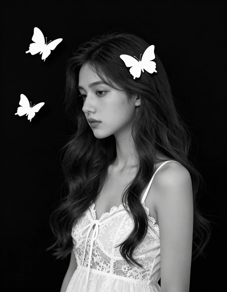 Black and white minimalism, conceptualism, flat painting, pale young beautiful Slavic type woman, 23 years old, long, dark, slightly wavy hair, fluffy white butterfly on her hair, in a white lace dress with thin straps, white butterflies over surrealism, naturalness, dark background,