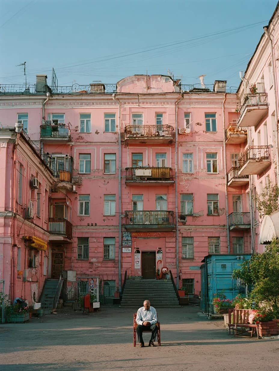 photos of the post-Soviet aesthetics of Russian courtyards and people with their everyday life in the styles of McBling, Waporwave, Wes Anderson chic, Andersonesque Popart --ar 3:4 --v 7.0 --s 250